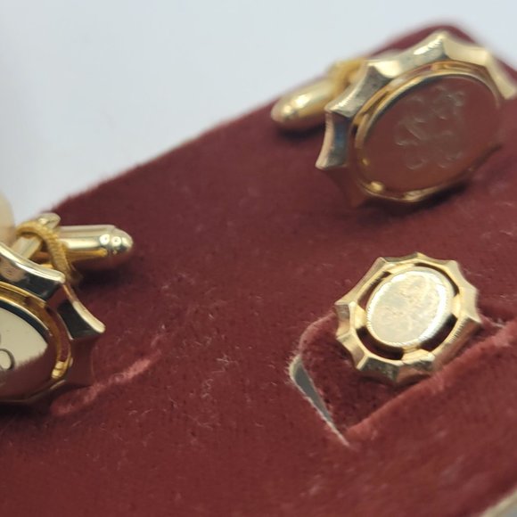 Vintage Monogrammed Anson Gold-tone Cuff-Links Tie-Tack Set in Original Box - Picture 5 of 7